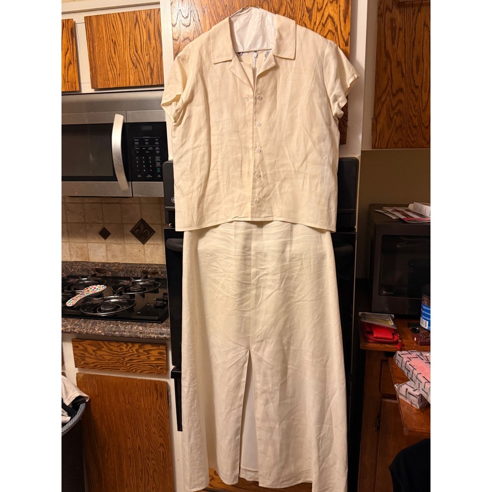 Ballinger Gold 100% Linen 2 Piece‎ Set Cream Maxi Dress and Button Down Shirt 10